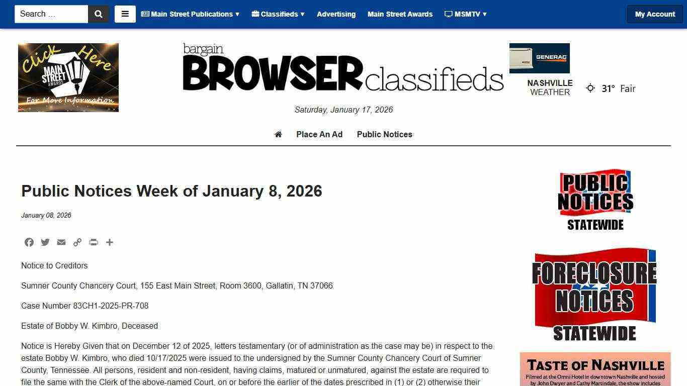 Public Notices Week of January 8, 2026 - Main Street Media of Tennessee